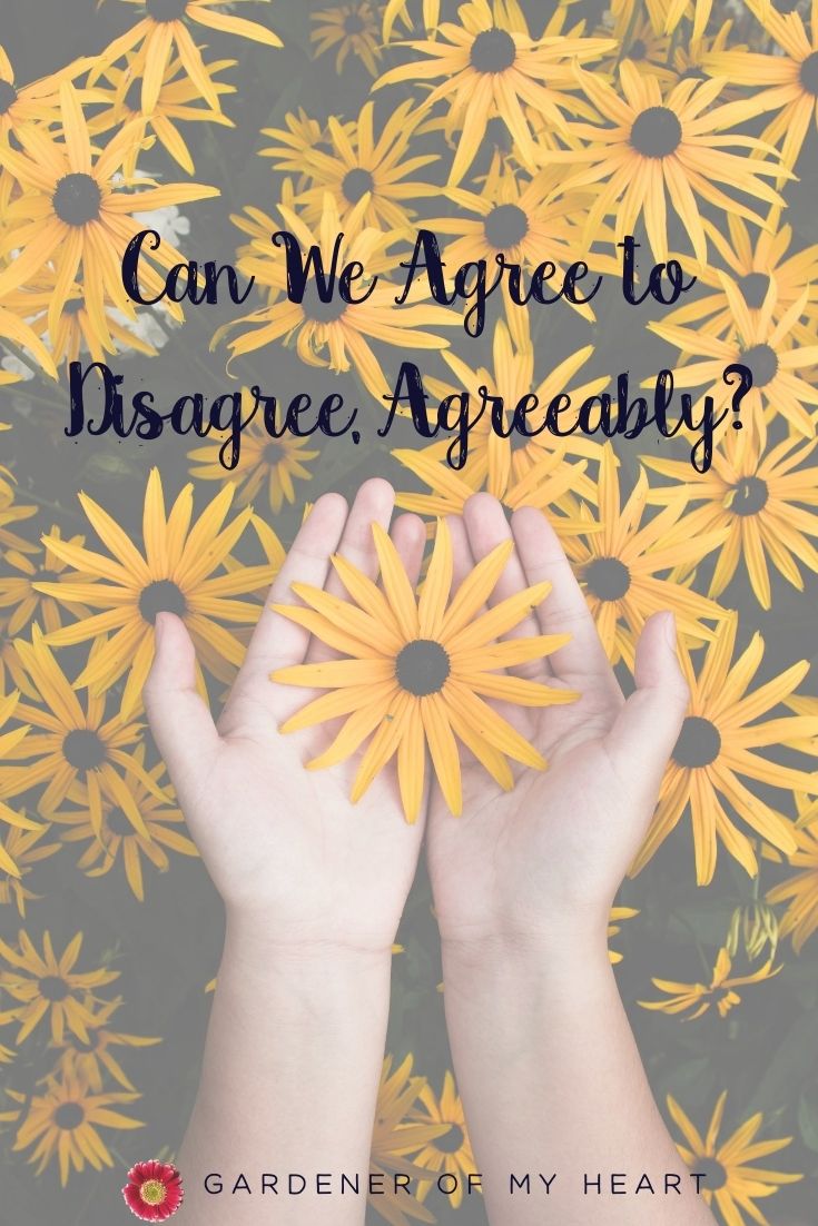 Agree to Disagree pin image, hands holding flowers